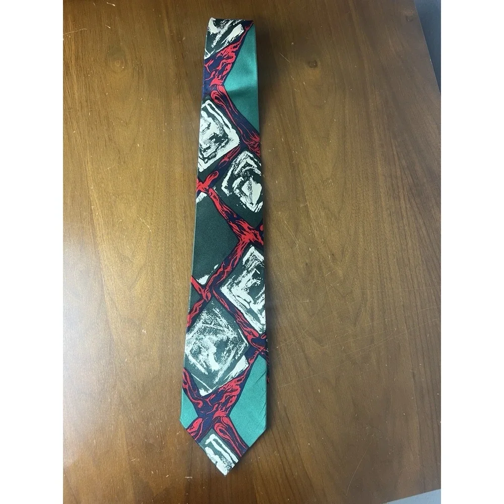 Sinsabang Silk Tie Vintage Abstract Print Holiday Christmas Red‎ Green